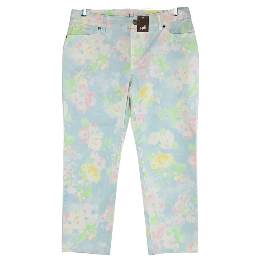 J JILL Authentic Fit Cropped Jeans 6P Petite Blue Pink Pastel Floral Stretch NWT